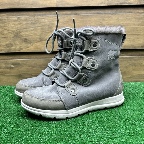 Sorel Boots Explorer Joan Shoes Size 7.5 Shearling Gray Leather Boots NL3039-052 - Picture 1 of 16